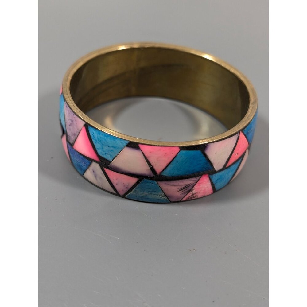 Vintage Brass Blue Pink Triangle Inlay Bangle Bracelet Tribal Boho small - Picture 3 of 9